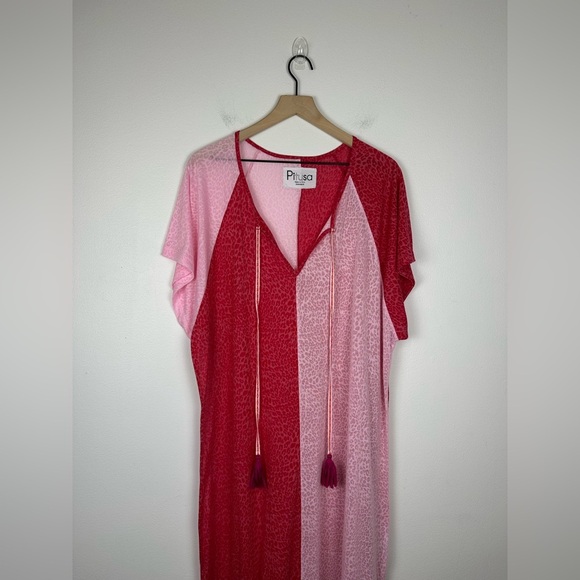 Pitusa Color Block CoverUp Resort Cheetah Pink Popover Maxi Dress Women’s OS - Picture 2 of 6